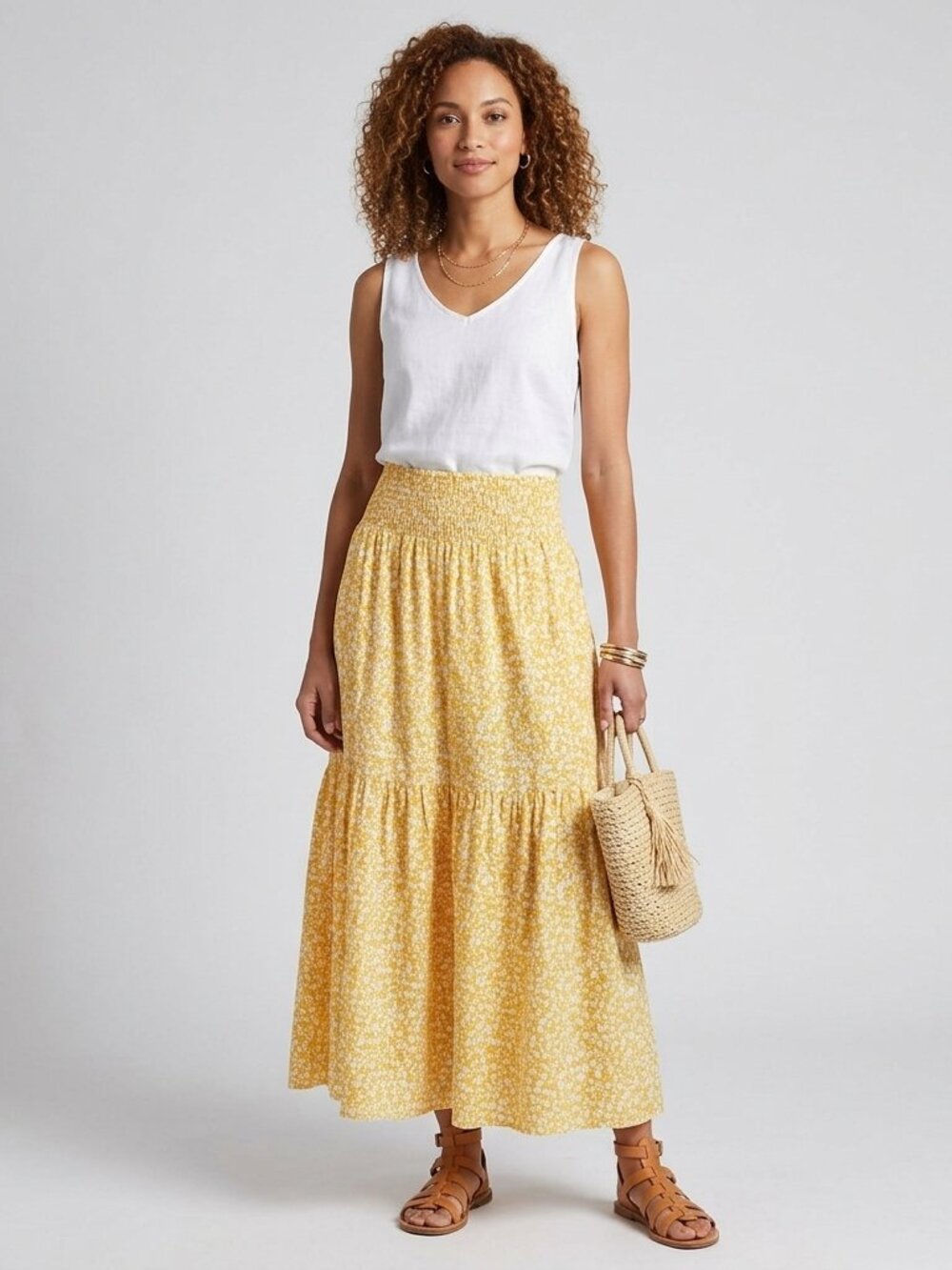 Women's Boho Yellow Floral Tiered Maxi Skirt Smocked High Waist Sz L W/Pockets